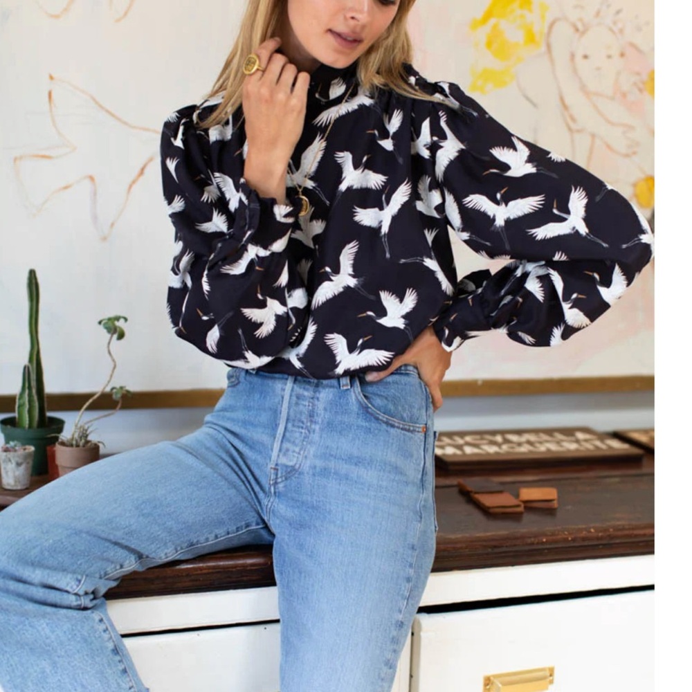 Emerson Fry Frédérique Black Silk Crane Print Blouse